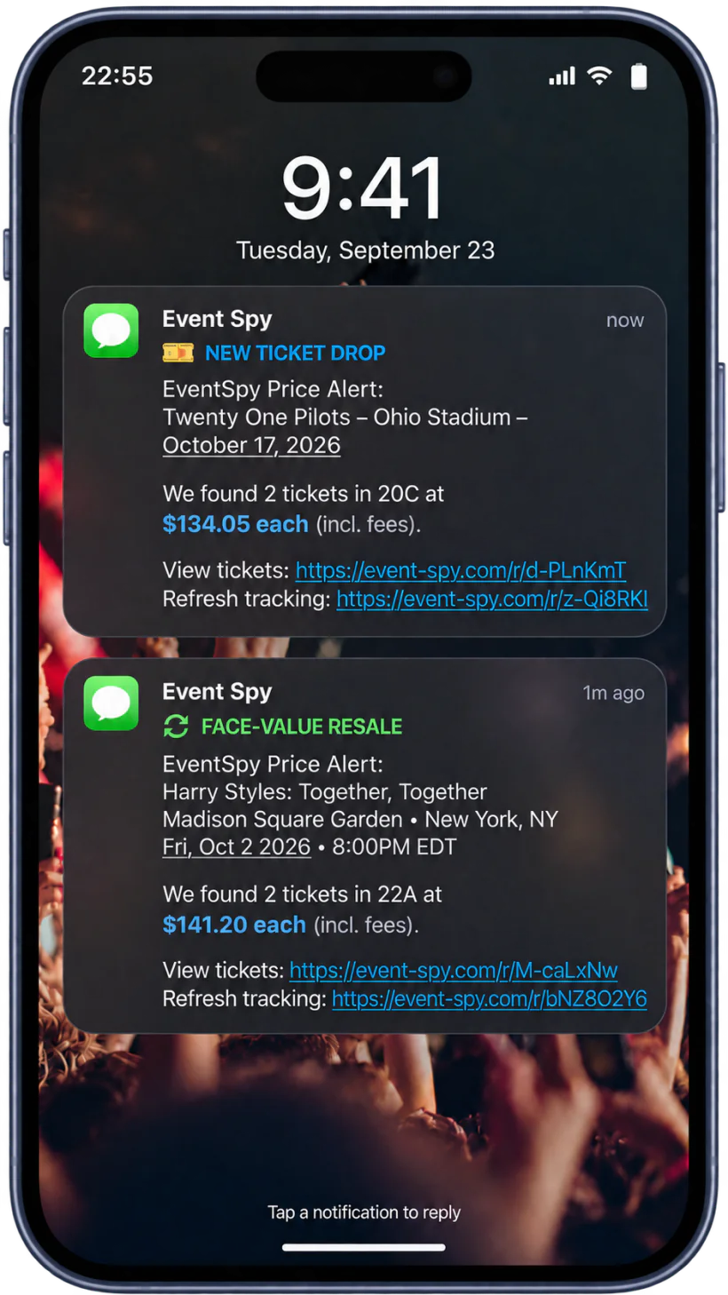 iPhone lock screen showing Event Spy ticket drop and face-value resale SMS alerts